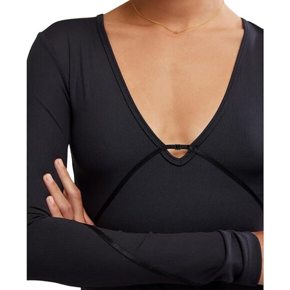 Free People Intimately Victoria Plunge V Neck Bodysuit S Long Sleeves Stretchy - Picture 3 of 15